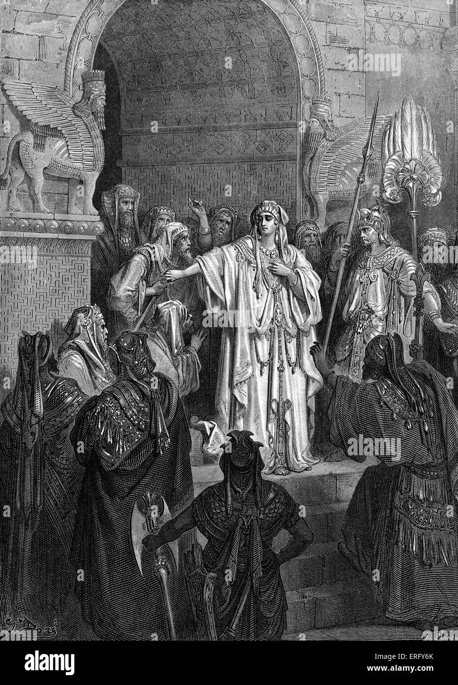 Queen Vashti refuses to obey king Ahasuerus ' command to attend a banquet to display her beauty, (she is surrounded by Stock Photo