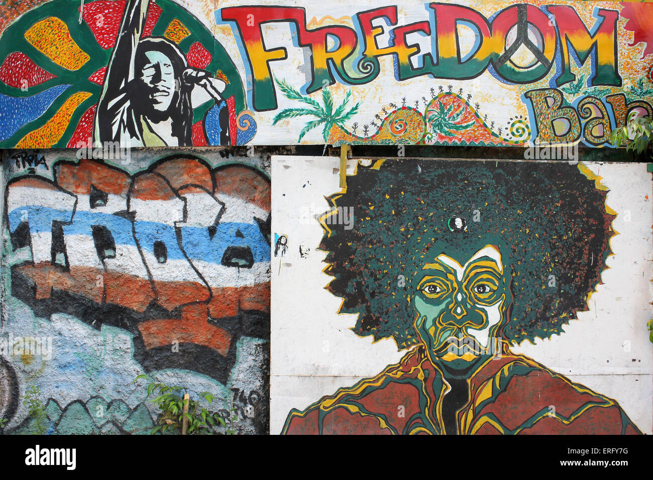 Graffiti Of Jimi Hendrix and Bob Marley at The Freedom Bar In Chiang Mai Stock Photo