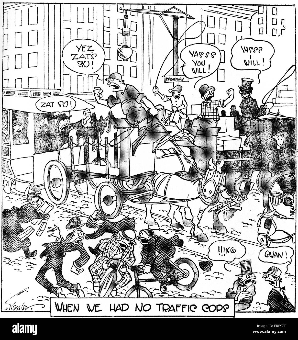 Traffic in New York, late nineteenth century. Humorous cartoon: 'When we had no traffic cops'. Carriage drivers shout out to Stock Photo