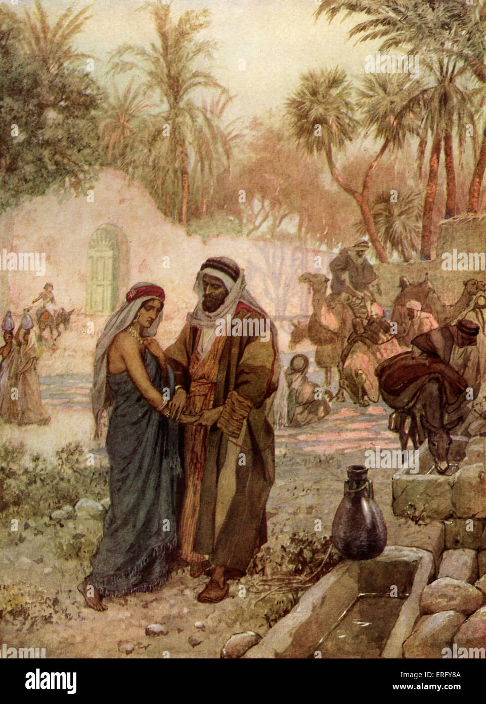 Eliezer and Rebekkah / Rebecca at the well. Genesis XXIV 17-20: When the camels had finished drinking, the man took out a gold Stock Photo