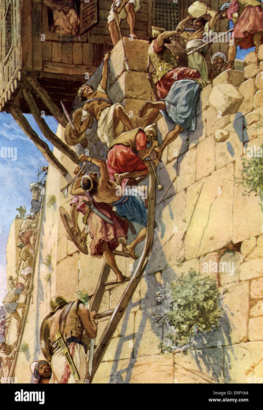 The capture of Jerusalem from the Jebusites - the Israelites scale the walls of Jerusalem. C. 869 -1003 BCE  Illustration by Stock Photo