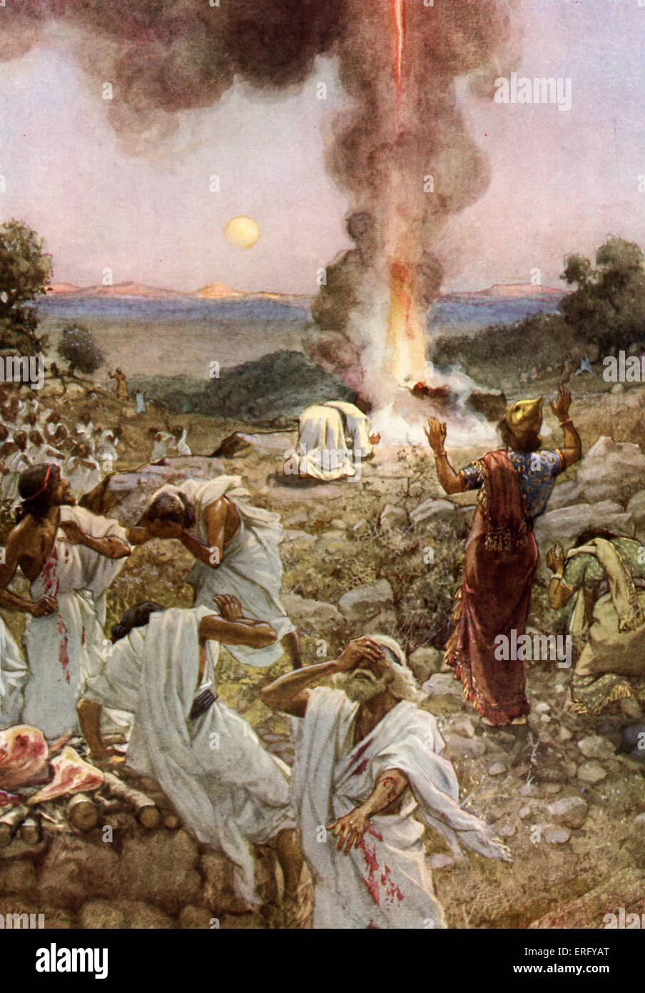 Elijah 's sacrifice at Mount Carmel.   Fire appears under Elijah 's sacrifice.   I Kings 18: 21 -24 ' And Elijah came unto all Stock Photo