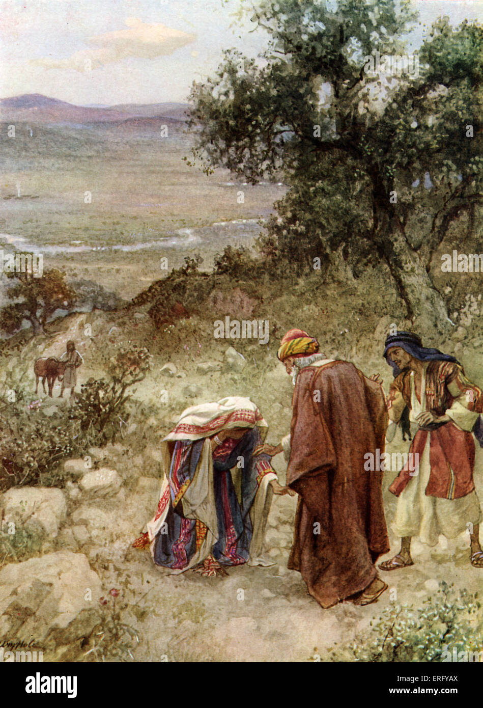 Elisha and the Shunamite woman. 2 Kings 4 :  27 -28. ' And when she came to the man of God to the hill, she caught him by the Stock Photo