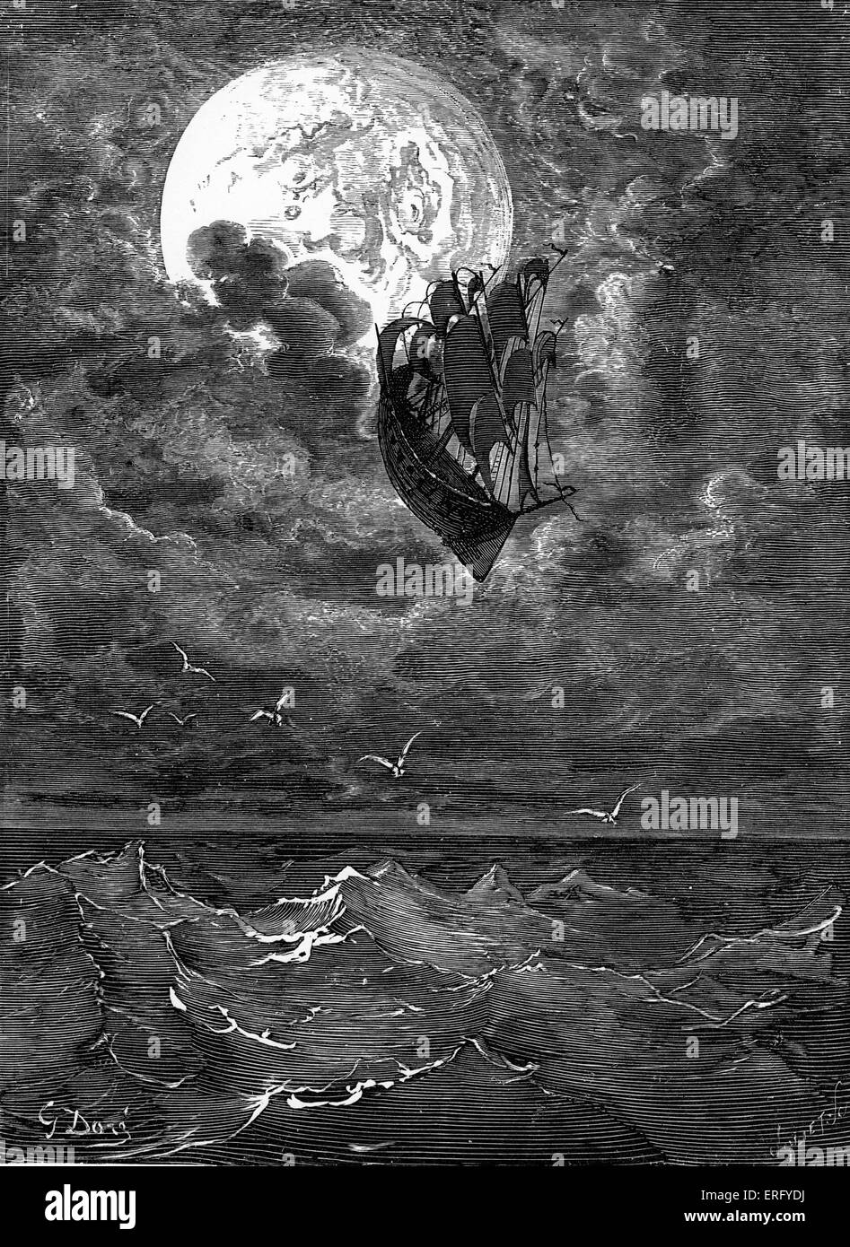 The Surprising Adventures of Baron Münchausen: Voyage to the moon, engraving by Gustave Doré. Baron Münchausen 's ship, swept up off the South Sea in a hurricane, travels on through the clouds to the moon. Drawn by Gustave Doré, French artist, b January 6, 1832 – January 23, 1883. Engraved by Joliet. Doré illustrated Théophile Gautier son 's French edition of The Surprising Adventures of Baron Münchausen, by Rudolf Erich Raspe, German writer, scientist and librarian, b 1736 - 1794. Stock Photo