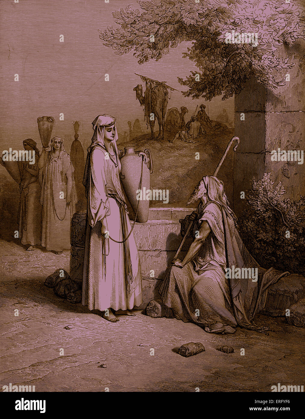Rebekah meets Abraham 's servant Eliezer at the well outside the city of Nahor. She returns with him to Canaan and marries Stock Photo