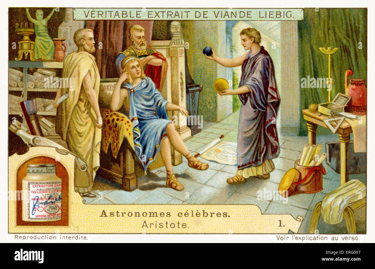 Aristotle at the court of Philip of Macedonia, educating his son the future Alexander the Great, aged 13. Teaching the boy about the laws of the Cosmos. Aristotle, Greek philosopher, a student of Plato: 384 BC – 322 BC. (Liebig series Famous Astronomers / Astronomes celebres). Stock Photo