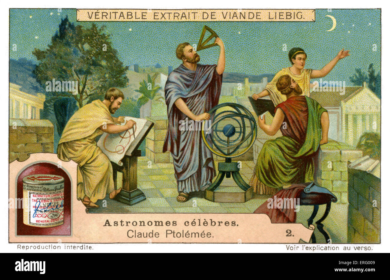 Ptolomy, measuring the course of the stars, with his students on the roof of his home in Alexandria, Egypt. Claudius Ptolemy, Stock Photo