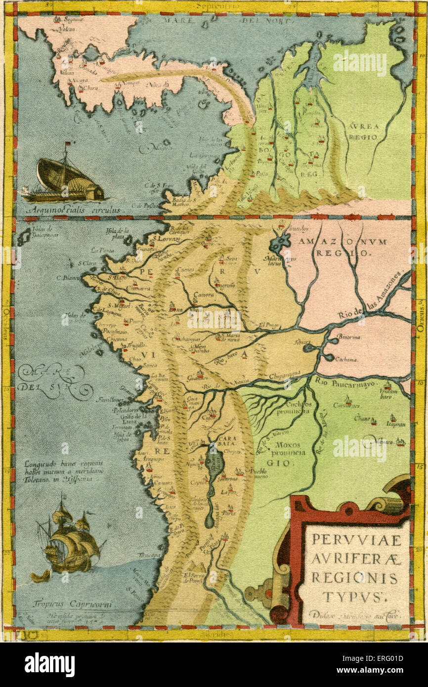 16th century map of South America - indicates amazon region. Heading reads: Peruuiae Auriferae Regionis Typus (thought to be by Stock Photo