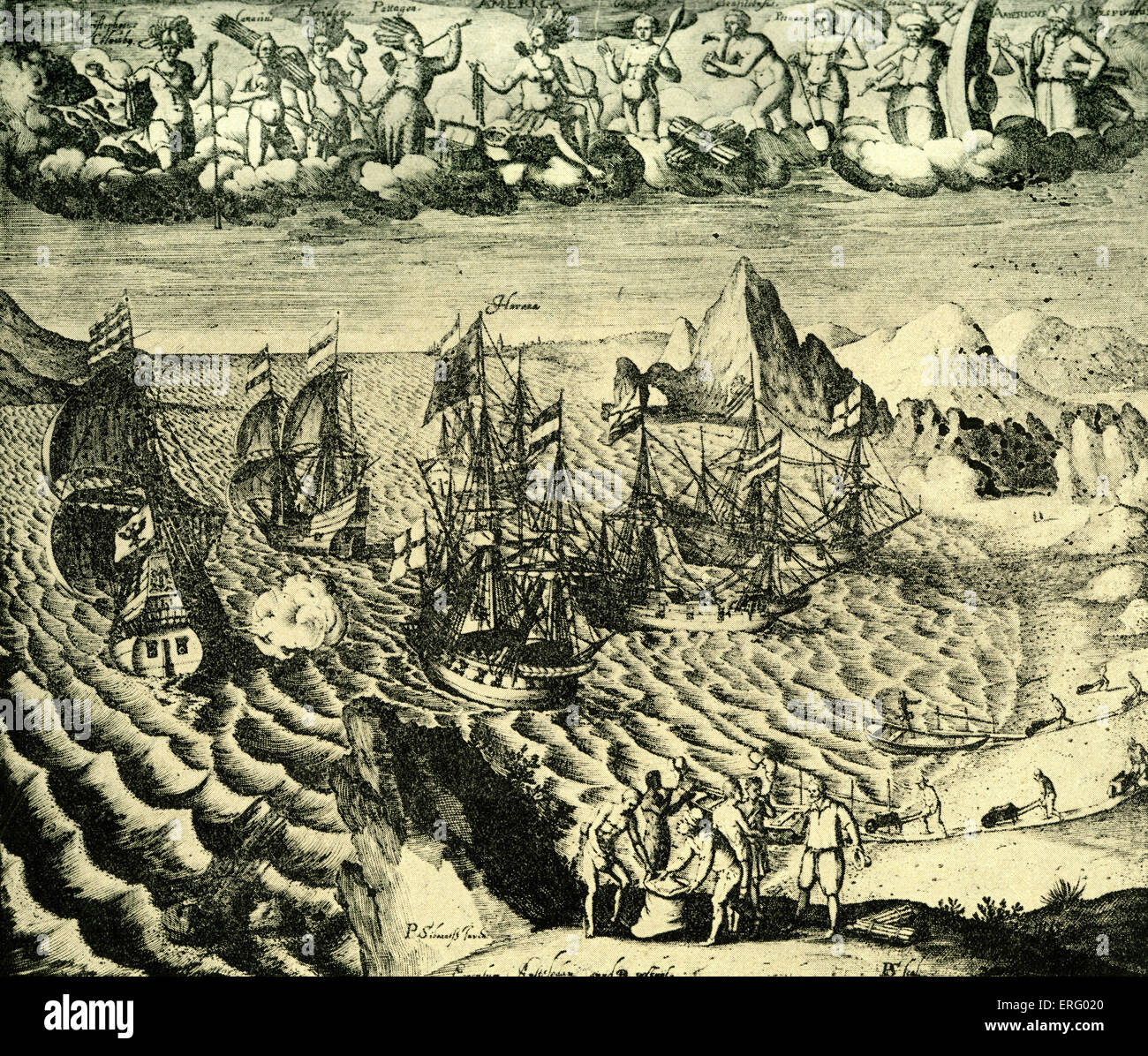 The Discovery of America and its Riches. Dutch engraving by P. Sibrant. Stock Photo