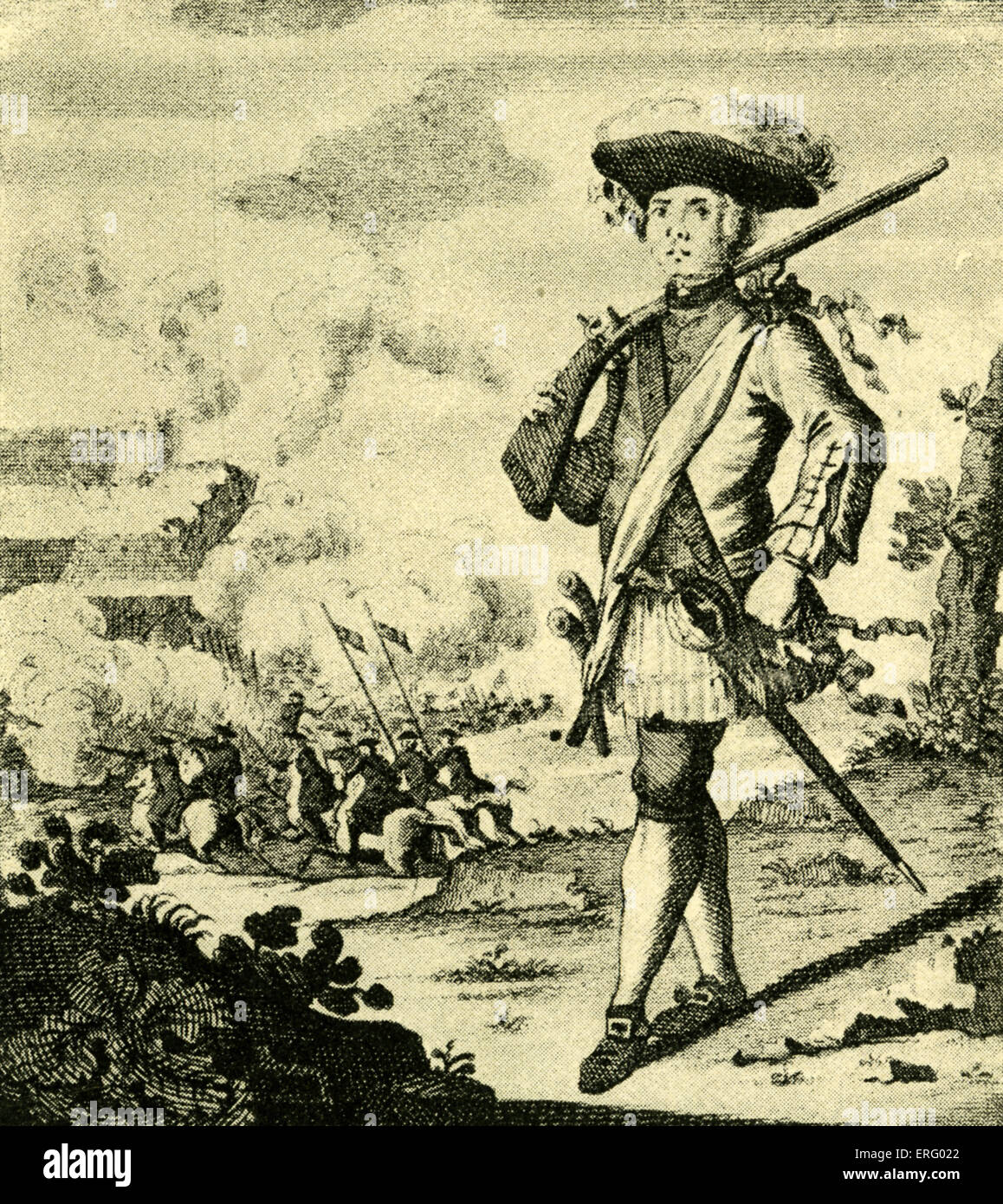 Captain Henry Morgan before Panama which he took from the Spaniards.  18th century engraving. Stock Photo