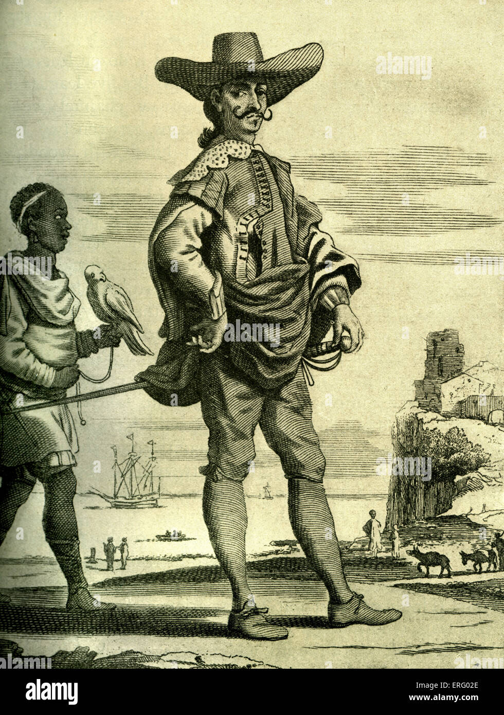 A Spanish Captain of the American Colonies, 17th century engraving Stock Photo
