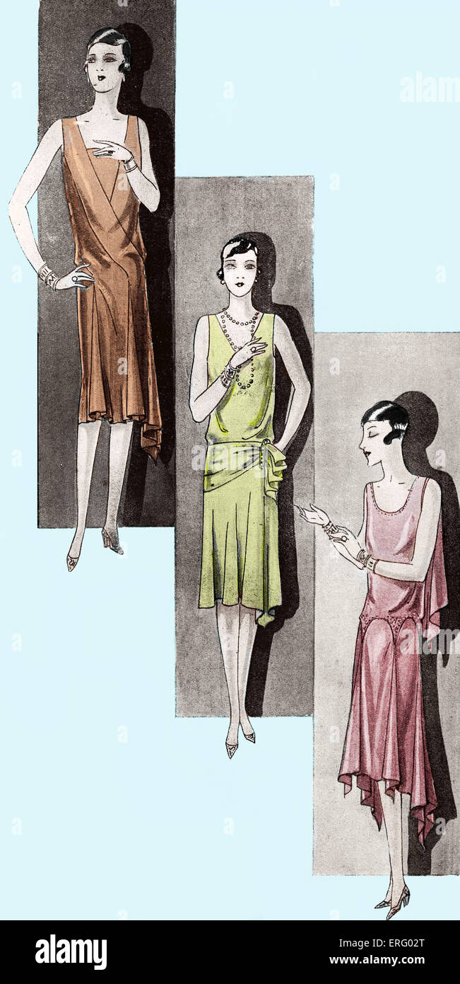 Fashion: dresses in the late 1920s. Heading reads: Elegances du Soir.  Dresses made of crepe. Colourised Stock Photo - Alamy
