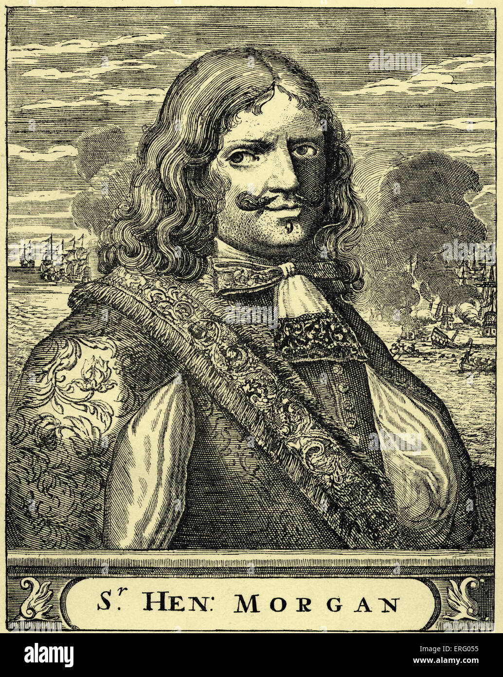 Sir Henry Morgan, engraving. Portrait of the Welsh privateer, famous  privateer  in the Caribbean in the 1660s and 1670s. Born Stock Photo