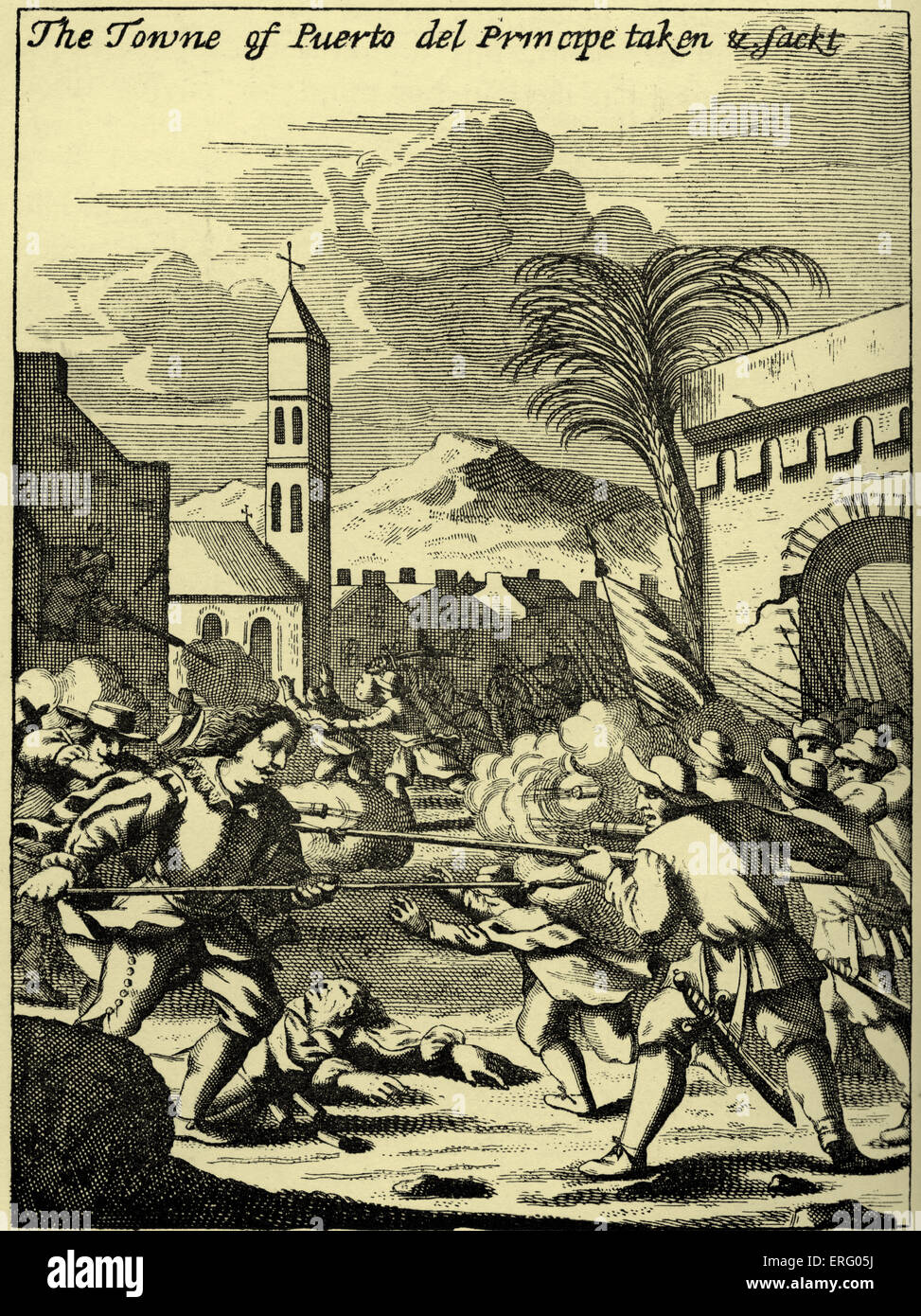 The Towne of Puerto del Principe taken & sackt', engraving. The Welsh privateer, Sir Henry Morgan, capturing and sacking Puerto del Principe, (present-day Camagüey, Cuba). HM: famous privateers in the Caribbean in the 1660s and 1670s, born c. 1635 – 1688/ 9 (?) Stock Photo