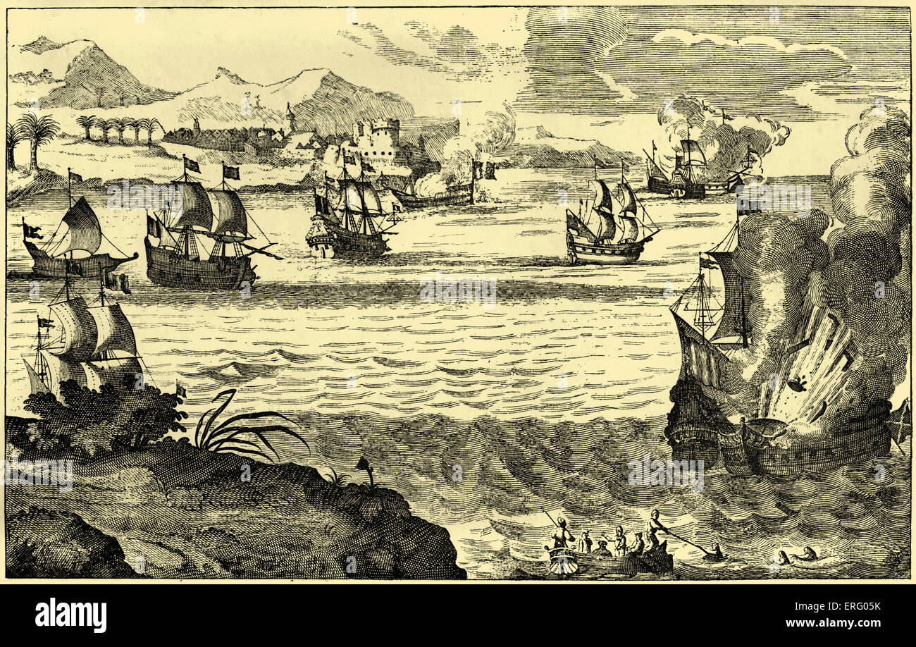 The Spanish Armada destroyed by Captaine Morgan, engraving. The Welsh privateer, Sir Henry Morgan,   attacking the Spanish Stock Photo