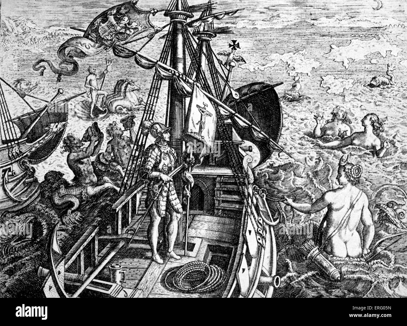 Columbus on his voyage to America, engraving. Christopher Columbus on deck, his ship surrounded by mythological gods and Stock Photo