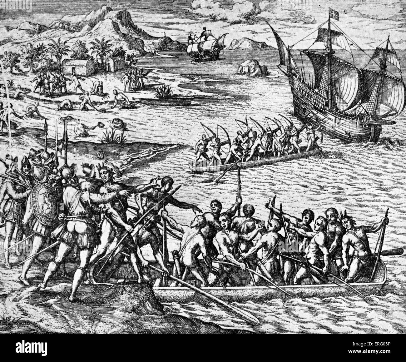 'An attack by Indians', La Herradura, engraving. The Spanish and Indians attack Sir Francis Drake 's men in the Bay of La Stock Photo