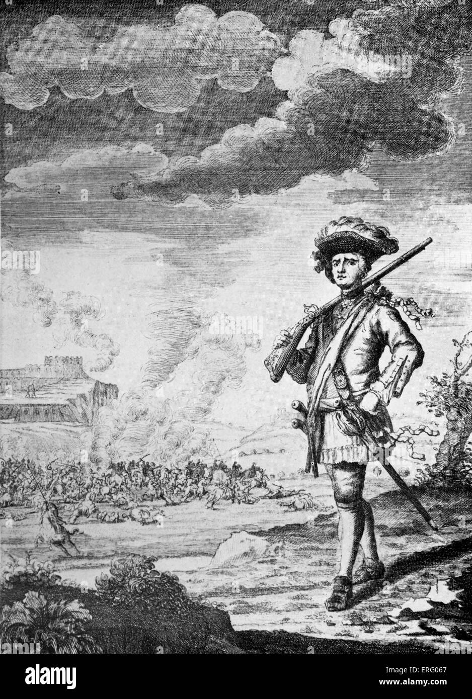 'Sir Henry Morgan, the Buccaneer, before Panama', engraving. The city of Panama, that Sir Henry Morgan invaded sacked and burned in 1671, is attacked in the background. HM: Welsh buccaneer, born c. 1635 - 1688. Stock Photo