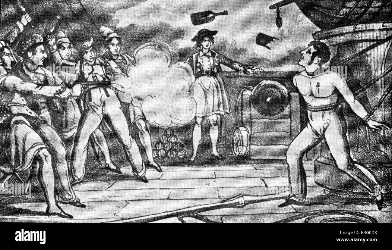 'Pirates Killing a Captured Man', print. Pirates shoot and throw bottles at a captured man tied up with ropes to the mast on Stock Photo