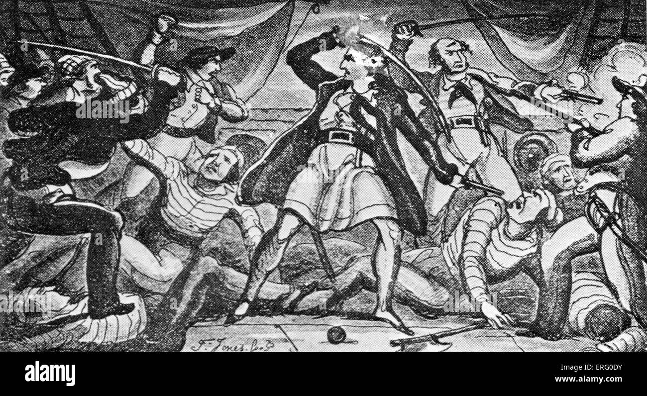 'Fight on a Pirate Ship', print. Pirates fighting with swords on the deck of a ship. Stock Photo