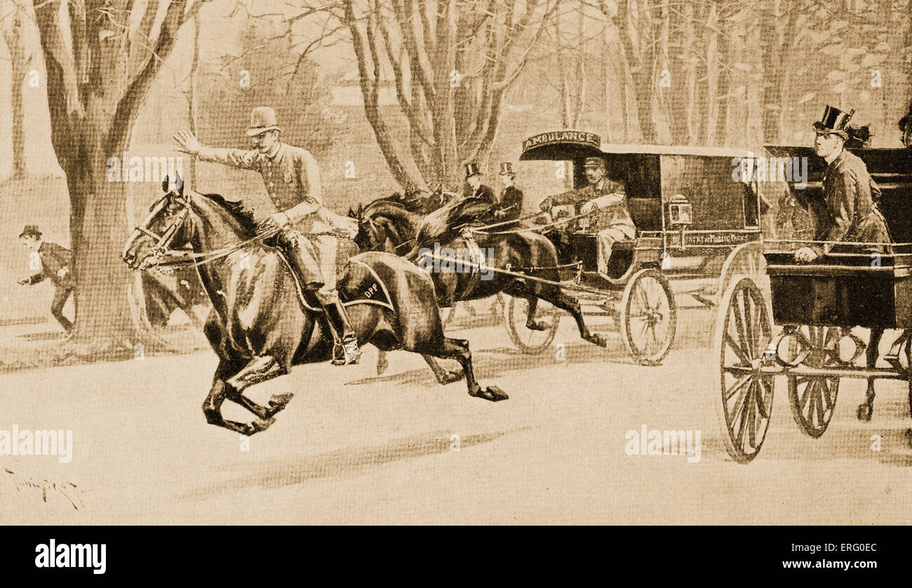 An accident in Central Park, New York, America, Policeman on horseback makes way for the ambulance carriage. Late Stock Photo