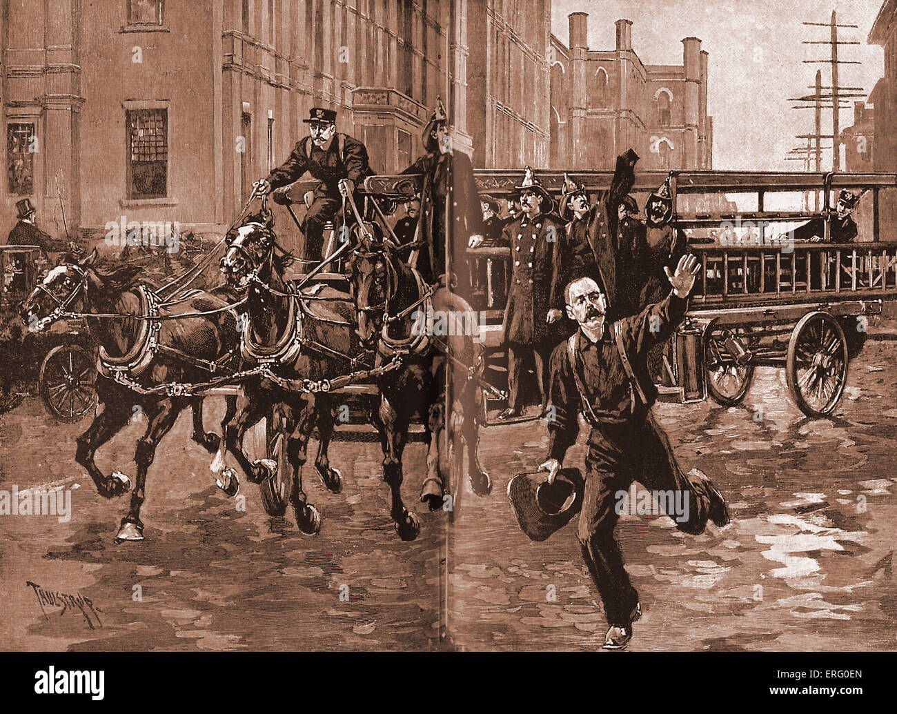 A hook and ladder company in the 1890s. Firefighters rush to a fire in New York. Illustration by Thure de Thulstrup in Harper's Stock Photo