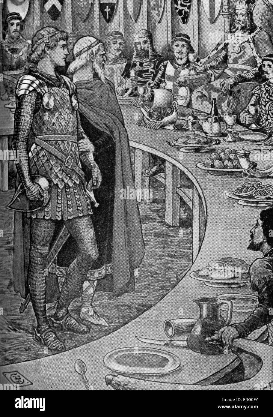 King Arthur- An old man presents Sir Galahad to King Arthur, from the painting by Walter Crane. Galahad takes the vacant seat, Stock Photo