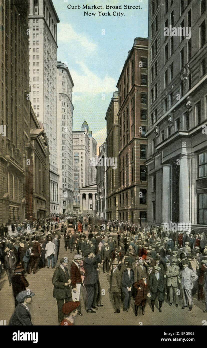 Curb Market, Broad Street, New York City, looking towards the Treasure in Wall Street. Caption reads:' Open air market on which Stock Photo