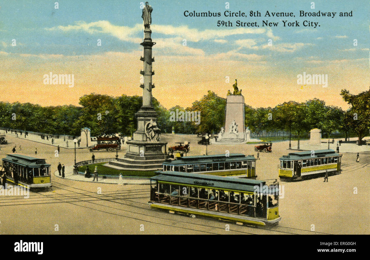 Columbus Circle, 8th Avenue, Broadway and 59th Street, New York. Trams going around the monument