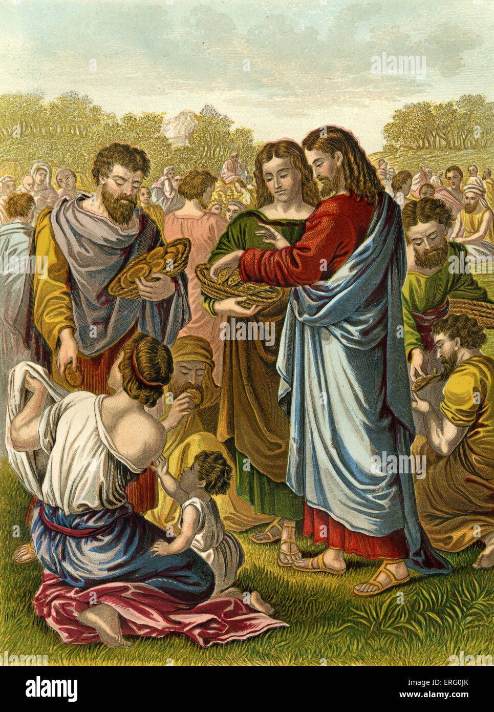 Jesus 'Feeding the multitude' (also known as The miracle of the loaves and fish).Miracled attributed to Jesus. Reference Stock Photo