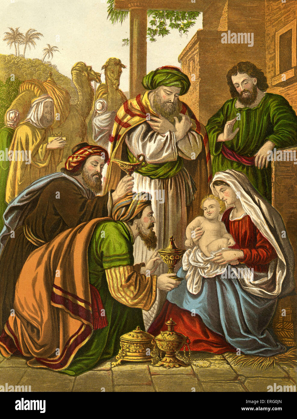 The Wise Men visit the baby Jesus 'And they came into the house and saw the young child with Mary his mother; and they fell down and worshipped him; and opening their treasures they offered unto him gifts, gold and frakincense and myrrh'. Matthew II, 9-11 Stock Photo