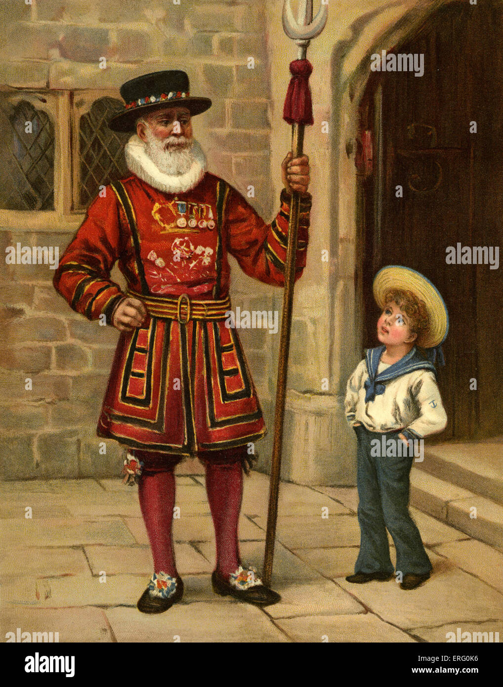 Yeoman of the Guard or Beefeater /Yeoman Warder. They are ceremonial guards of the Tower of London.  Edwardian illustration. Stock Photo