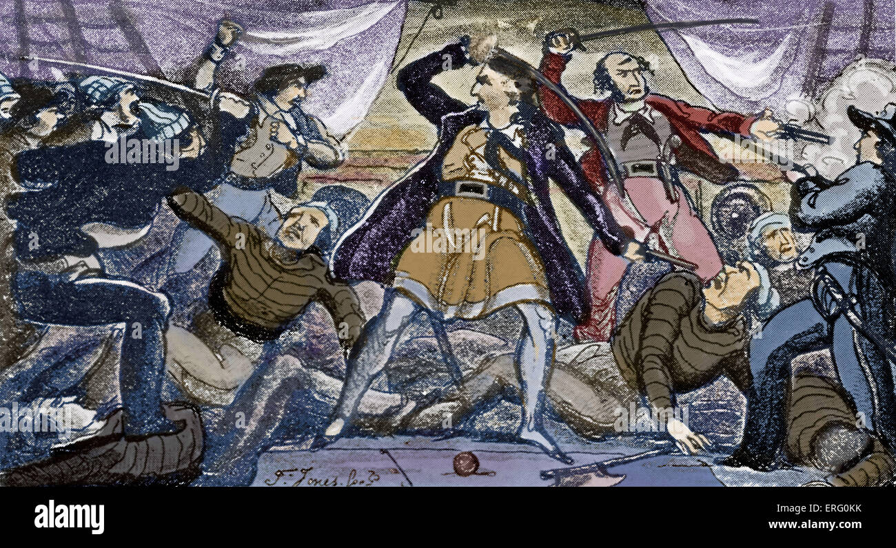 'Fight on a Pirate Ship', print. Pirates fighting with swords on the deck of a ship. Colourised version. Stock Photo