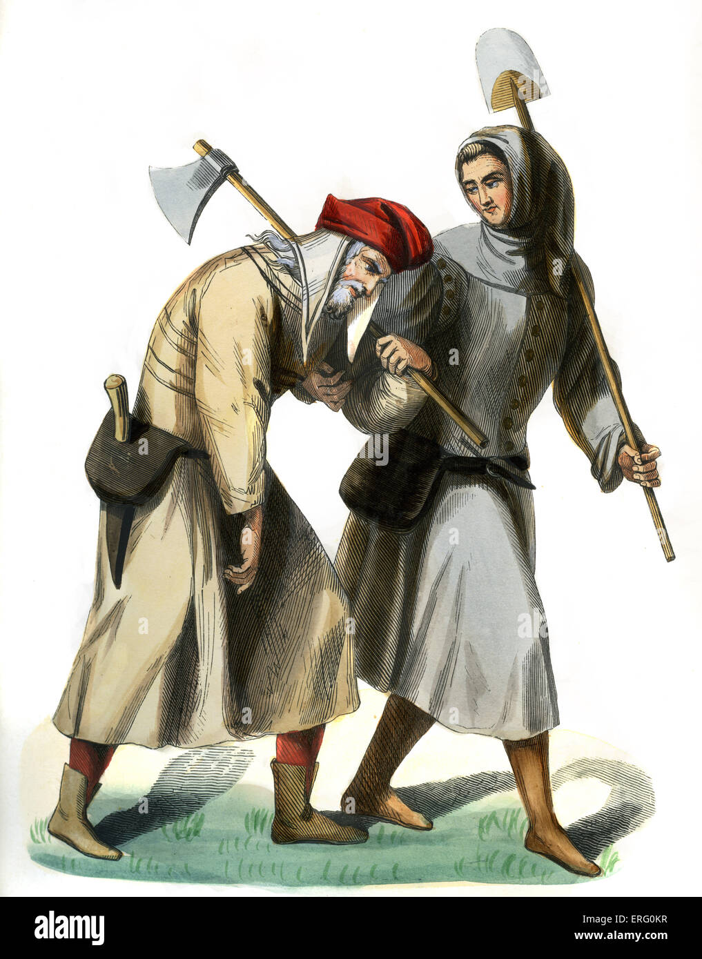 Peasants in the 14th Century carrying tools of their work, spade and an