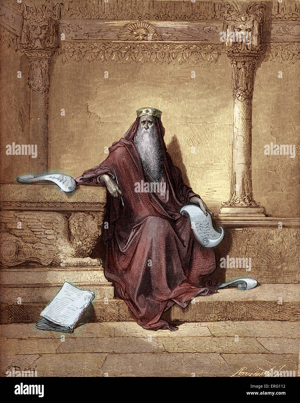 King Solomon. Writing Proverbs. Engraving by Gustave Doré (1832 - 1883 ...