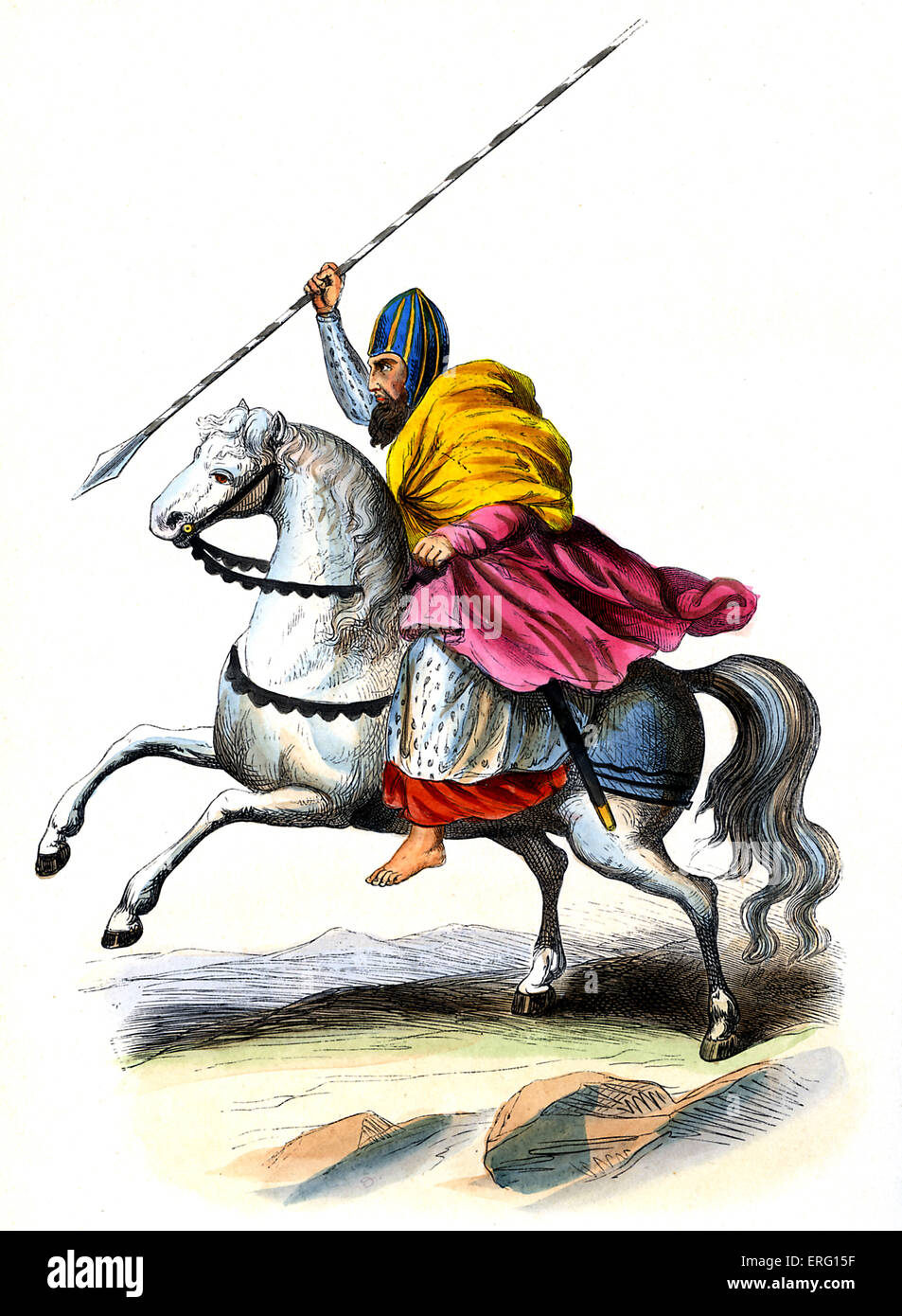 Arthur Macmurroch, King of Leinster atop a horse with javelin. Irish knight who fought against the armies of Richard II in 1395. c. 1847 hand-painted copy of 14 th century art . Stock Photo
