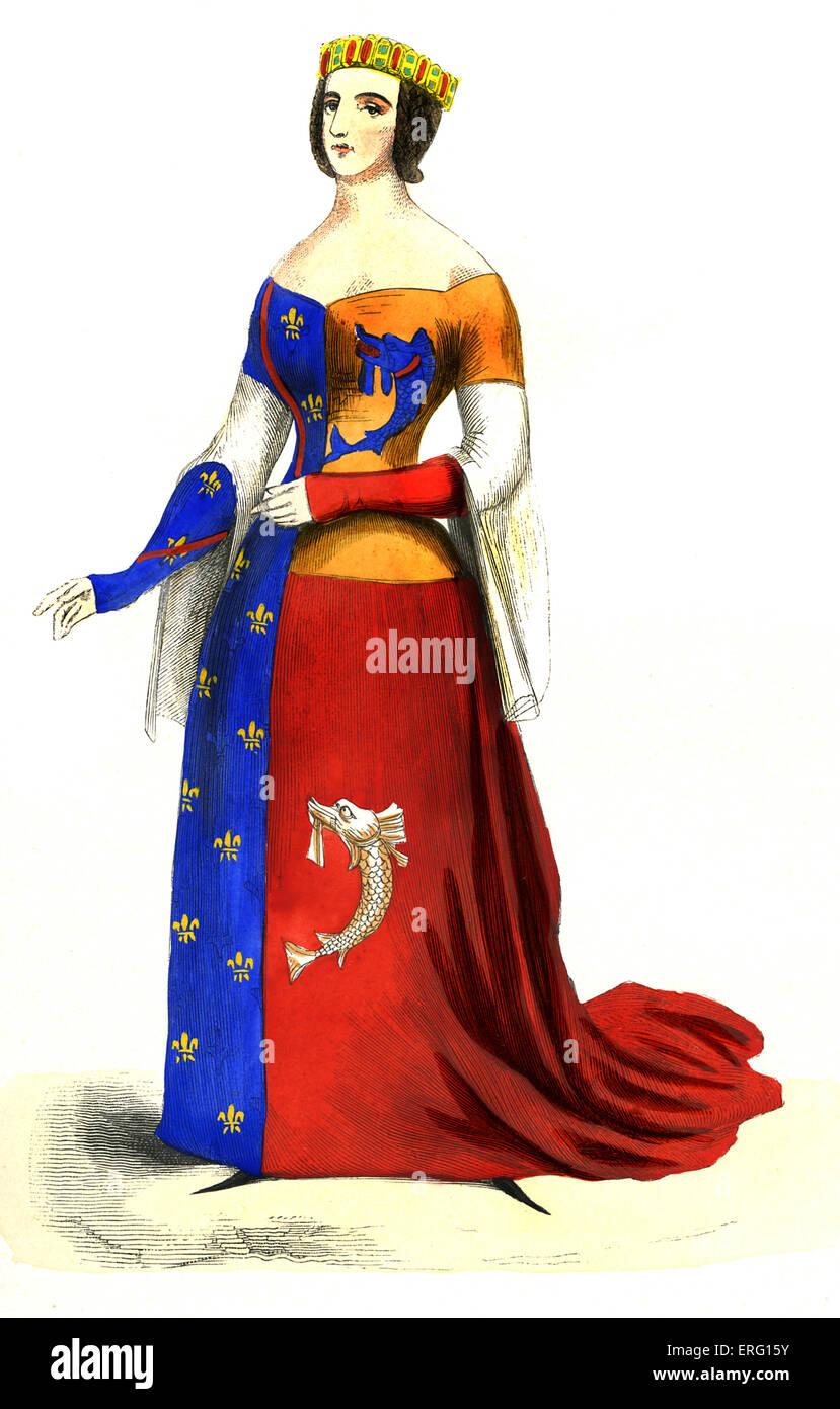 Anne, Dauphine of Auvergne, wearing dress emblazoned with Fleur-de-lis and the French Royal Dolphin (Dauphine), b. 1358. Married to Louis II 1371. c. 1847, hand-painted copy of 14th century art. Stock Photo