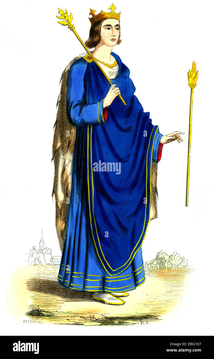 Charles VI, King of France  (the Well-loved), pictured wearing blue robes, a crown, and holding symbollic  sceptres depicting Stock Photo