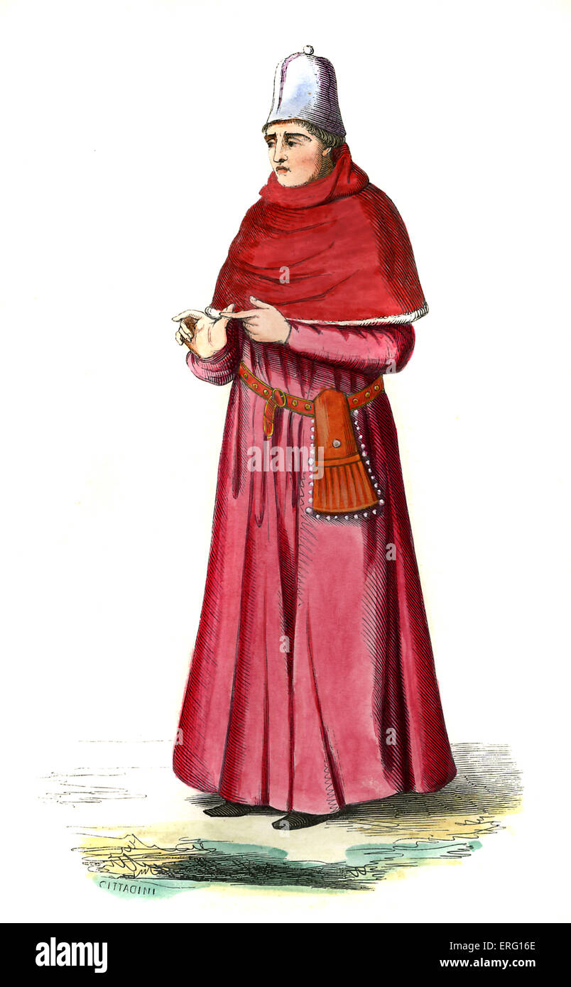 Doctor of the Arts (docteur és-arts) - male costume from the 15th century, wearing crimson robes, a leather pouch and Stock Photo