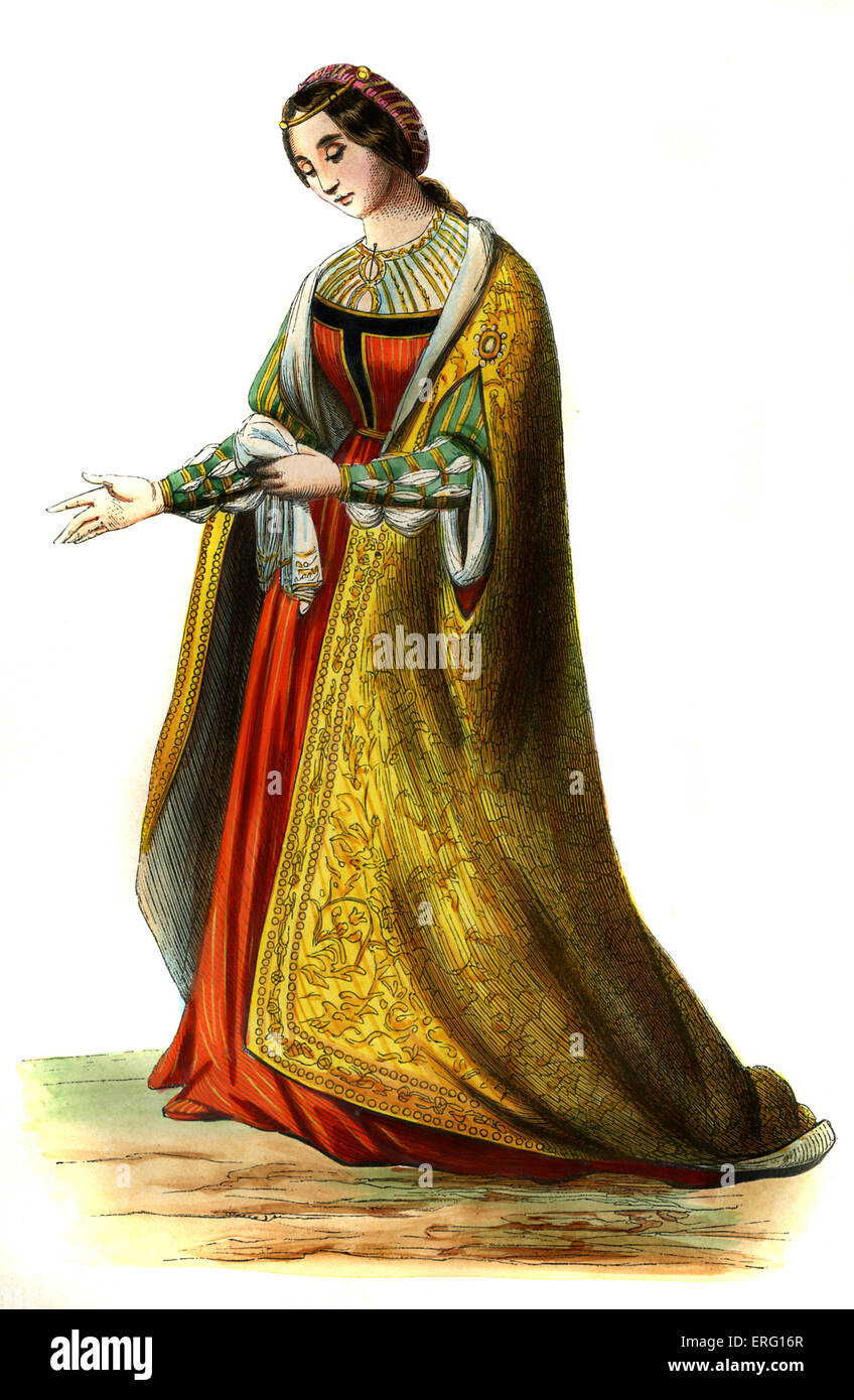 Eleanor of Portugal, Empress of the Holy Roman Empire and Portuguese princess. Pictured in an embroidered cape and rolled hat. Stock Photo