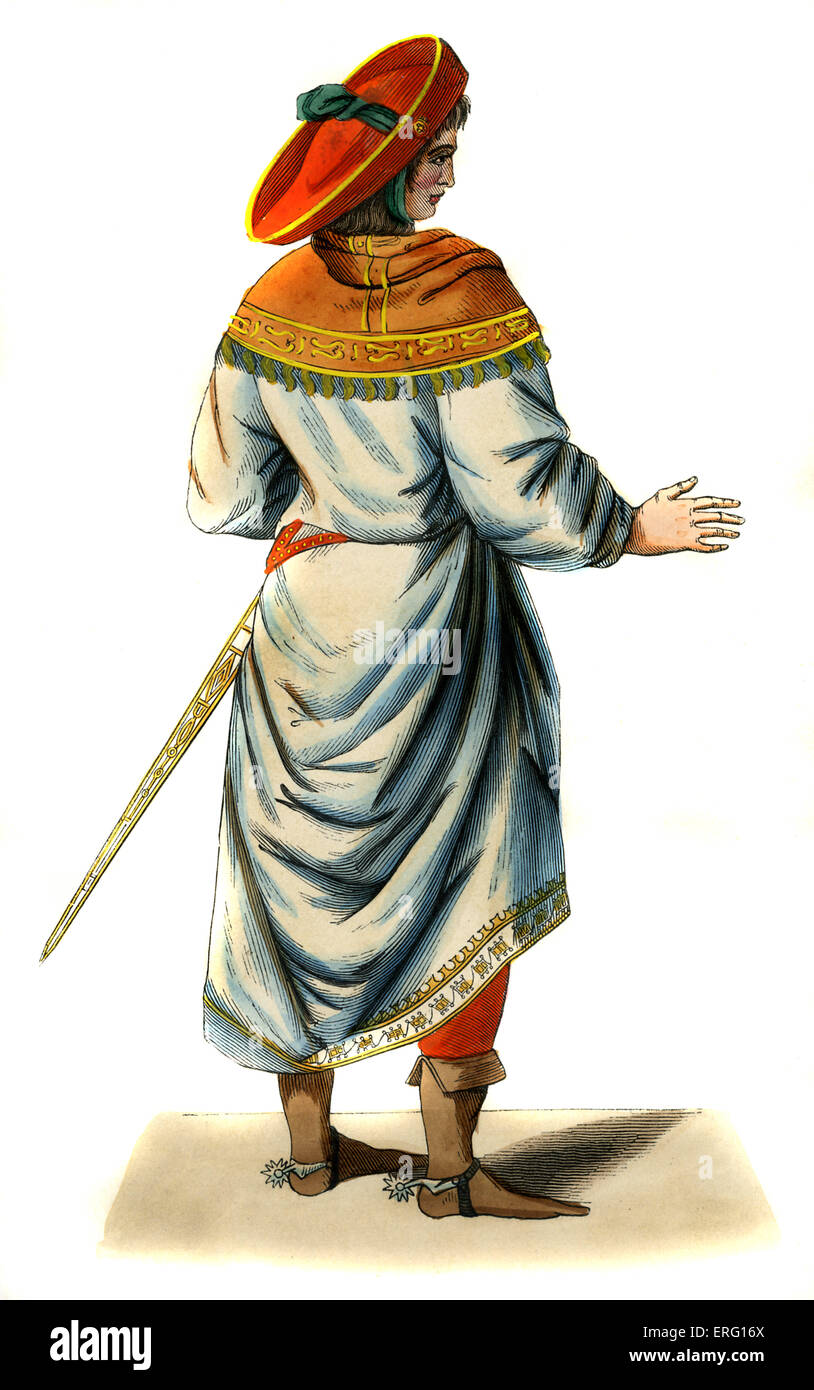 German Noble - male costume from 15th century, shown wearing wide brimmed hat, white robes with decorative gold trim, silver Stock Photo