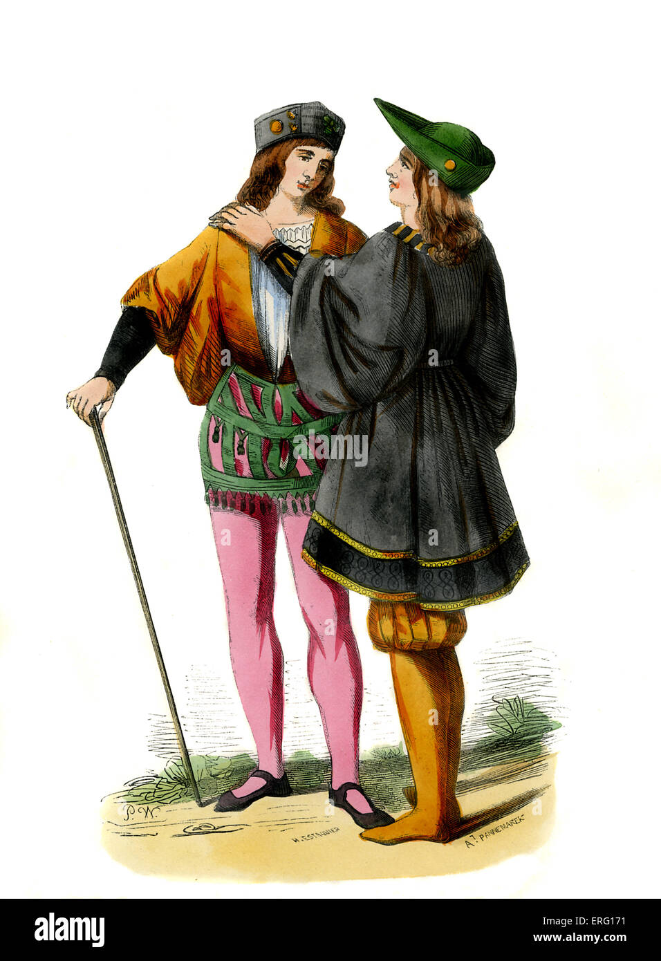 Young Italian pages - male costume of the 15th century, first page shown wearing pink leggings, mustard yellow doublet, black Stock Photo