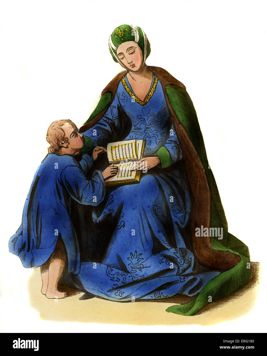 Lady - German costume of the latter half of the 15th century, pictured seated reading to boy. She is wearing a blue embroidered Stock Photo