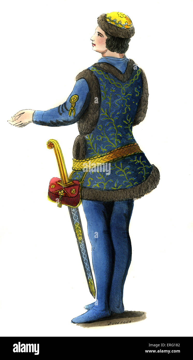 German knight costume from Lower-Rhine - 15th century, shown wearing cap, fur lined blue sleeveless tunic, vermilion coloured Stock Photo