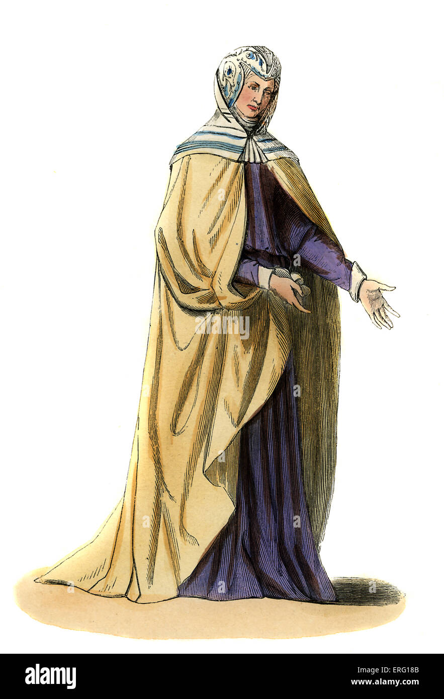 Spanish noble woman- 15th century costume. Wearing purple dress, white cloak, a caul, and hood traced with blue.  c. 1847 Stock Photo