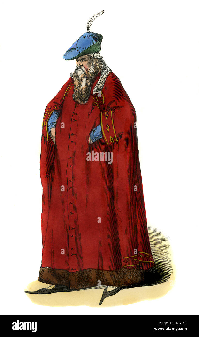 Noble Milanese man  - costume of 14th century. Wearing scarlet fur-lined robe, blue peaked hunting hat with feather in it, and Stock Photo