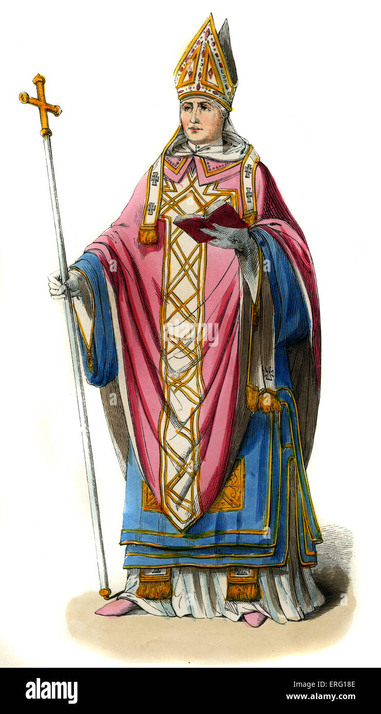 Archbishop  - 14th century costume. Wearing ceremonial robes of blue linen, pink 'dalmatique' (cross-shaped robe), and a mitre, Stock Photo