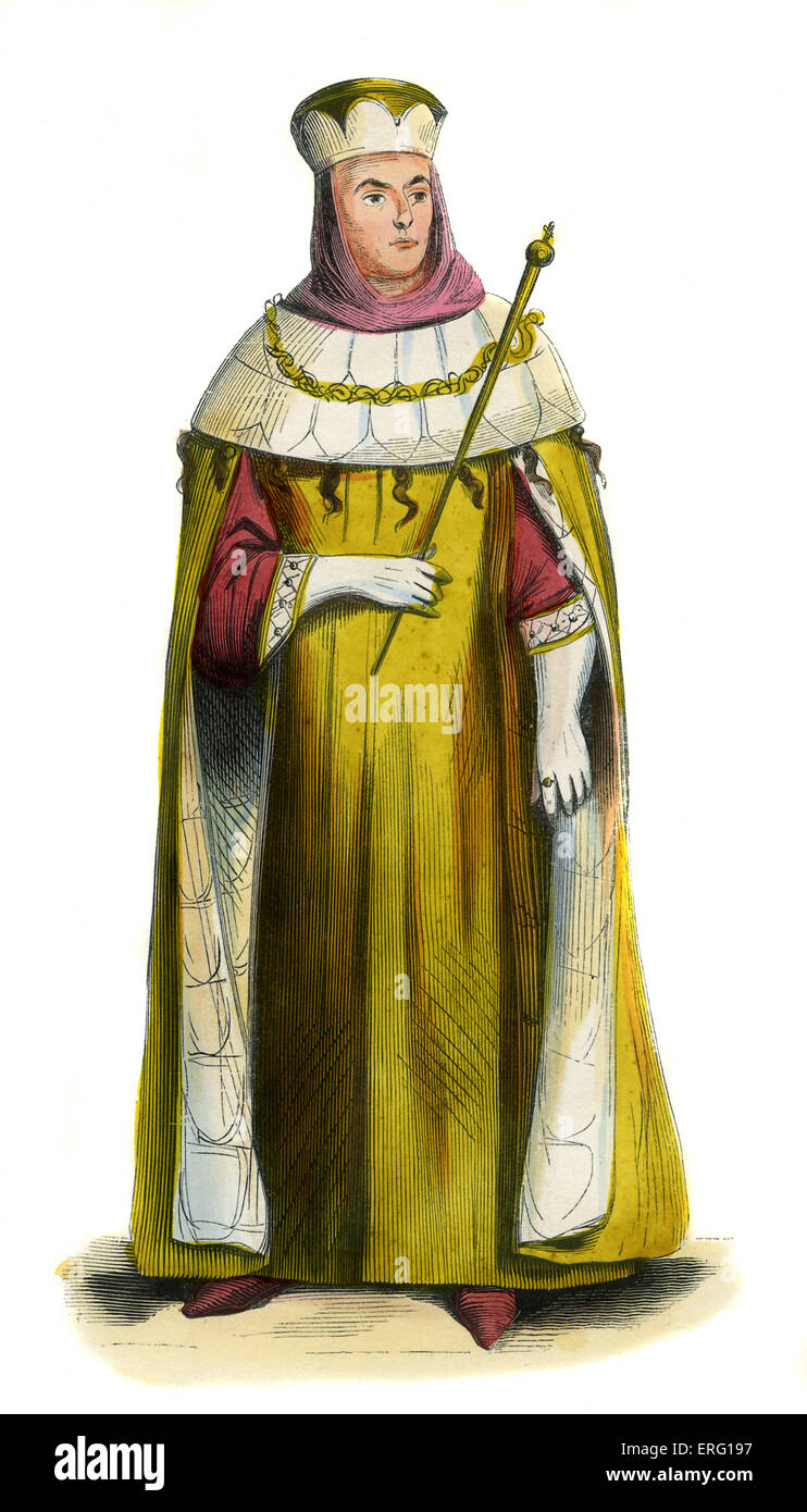 Roman Senator  - male costume of 14th century, wearing a yellow habit and cape, erminie capelet, gold brocaded toque hat and Stock Photo