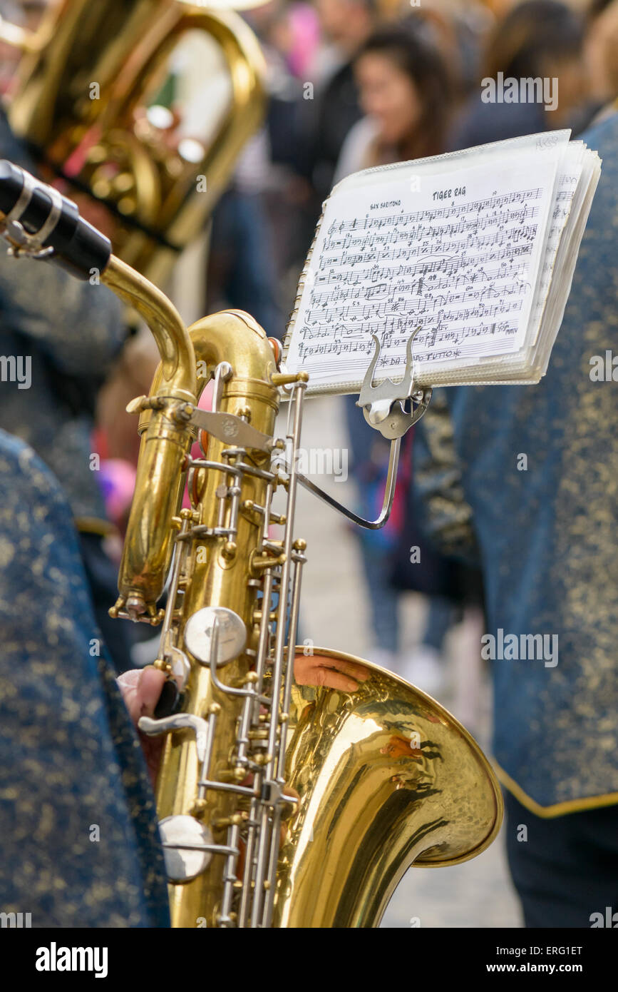 Musical score in front of the players of a country band, visible part