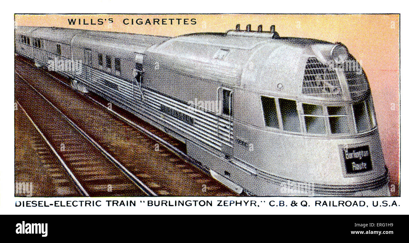 'Burlington Zephyr' Locomotive. Diesel-Electric train, U.S.A. Streamlined diesel engine on the Chicago, Burlington and Quincy Stock Photo